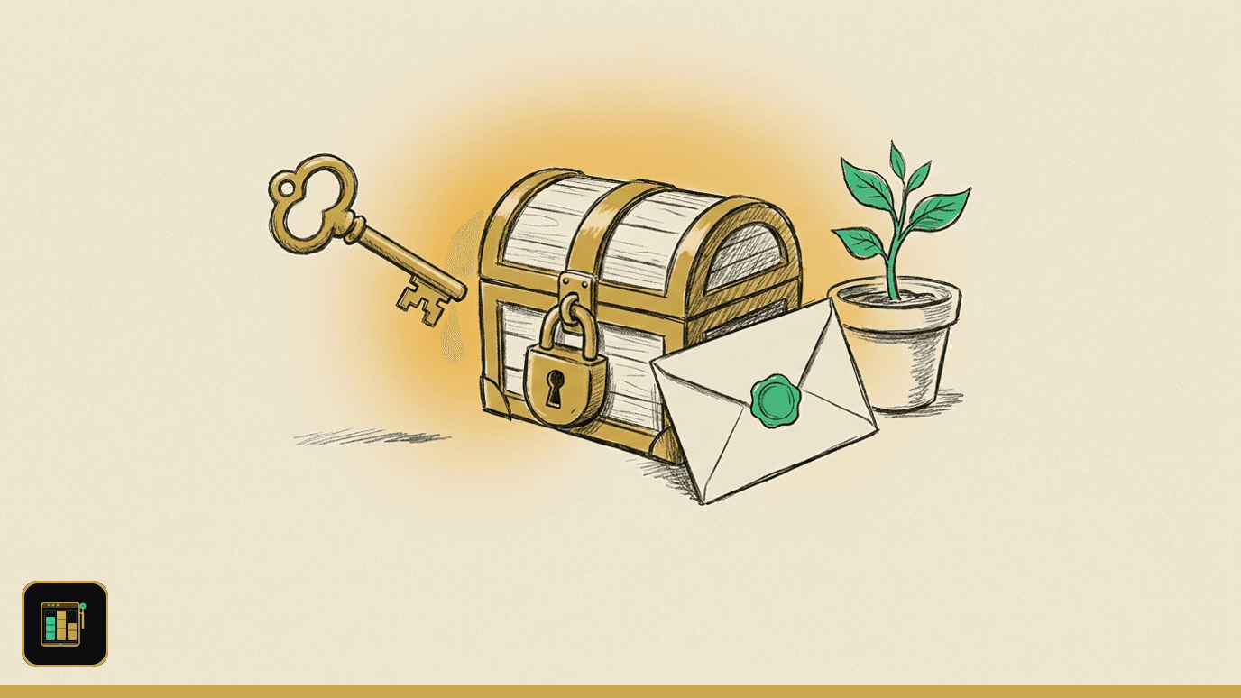Illustration of a locked wooden chest with a brass key approaching it, a sealed envelope and a potted sprout beside it