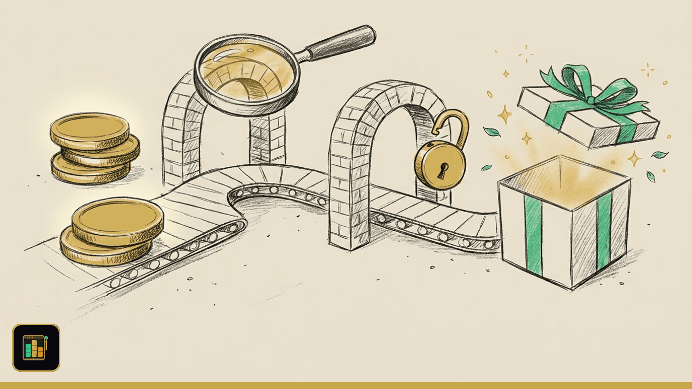 Illustration of gold coins riding a conveyor through two brick arches, past a magnifying glass and an open padlock, to an open gift box