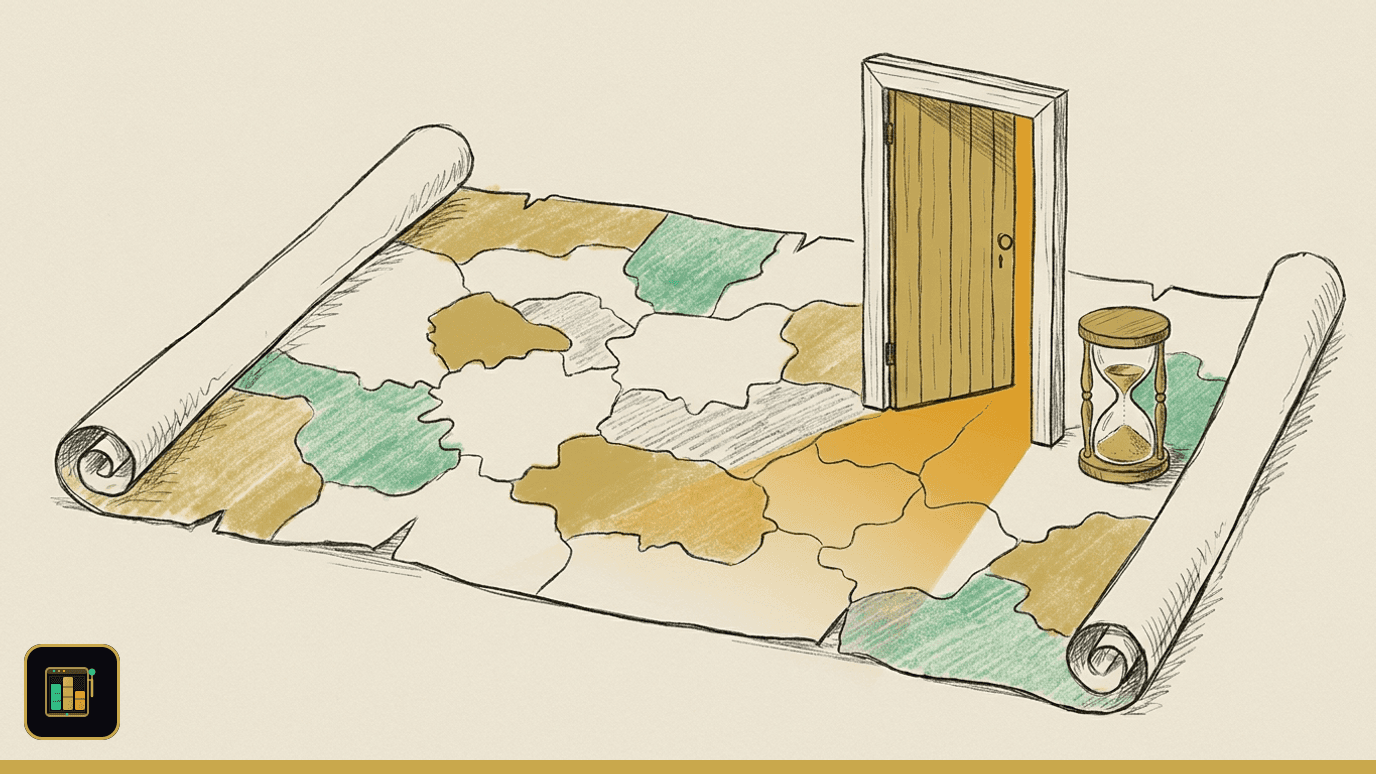 Illustration of an unrolled map of invented regions, some shaded gold and green, with a door half closing and an hourglass beside it